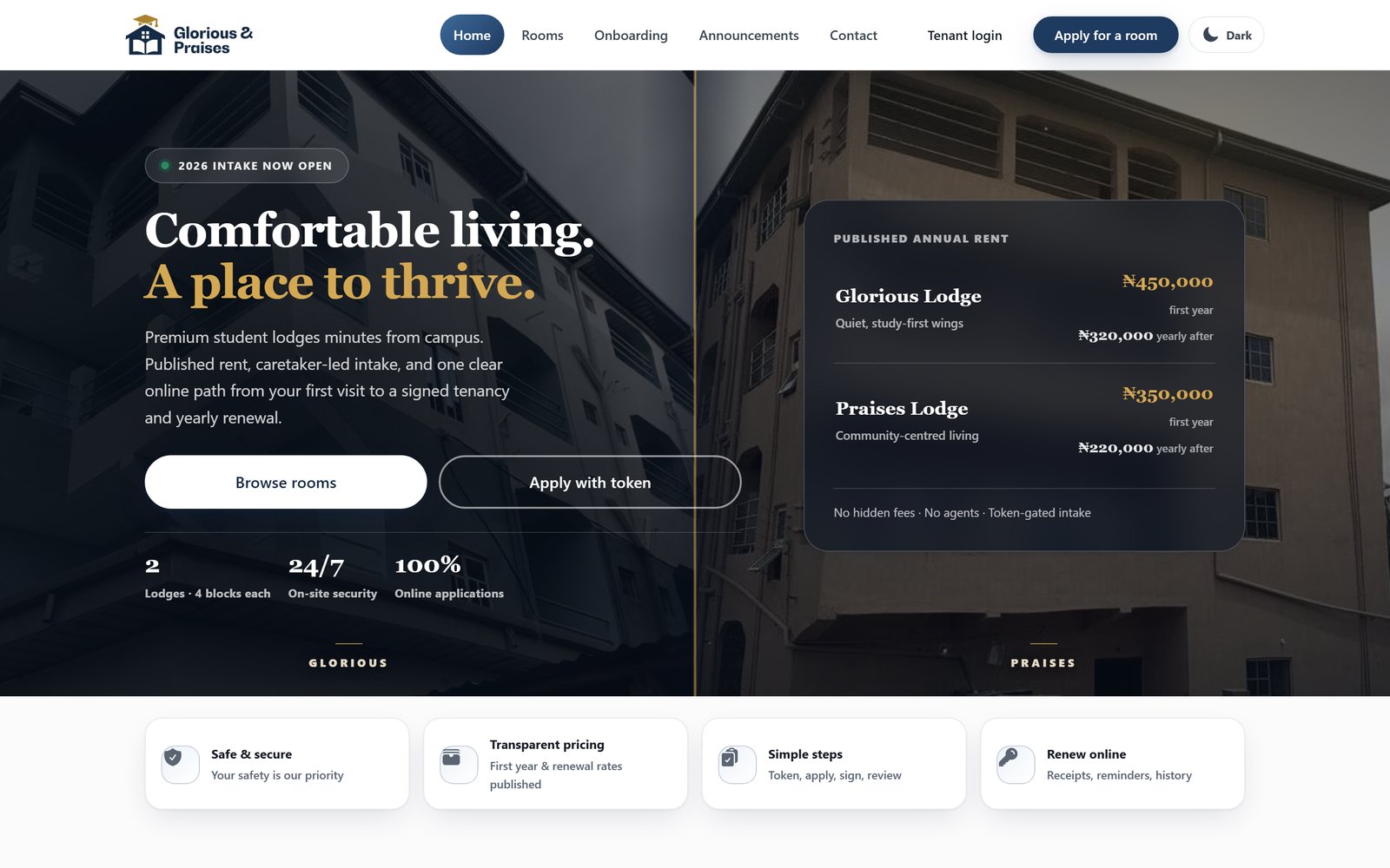 Glorious & Praises student housing platform, built by DesMind