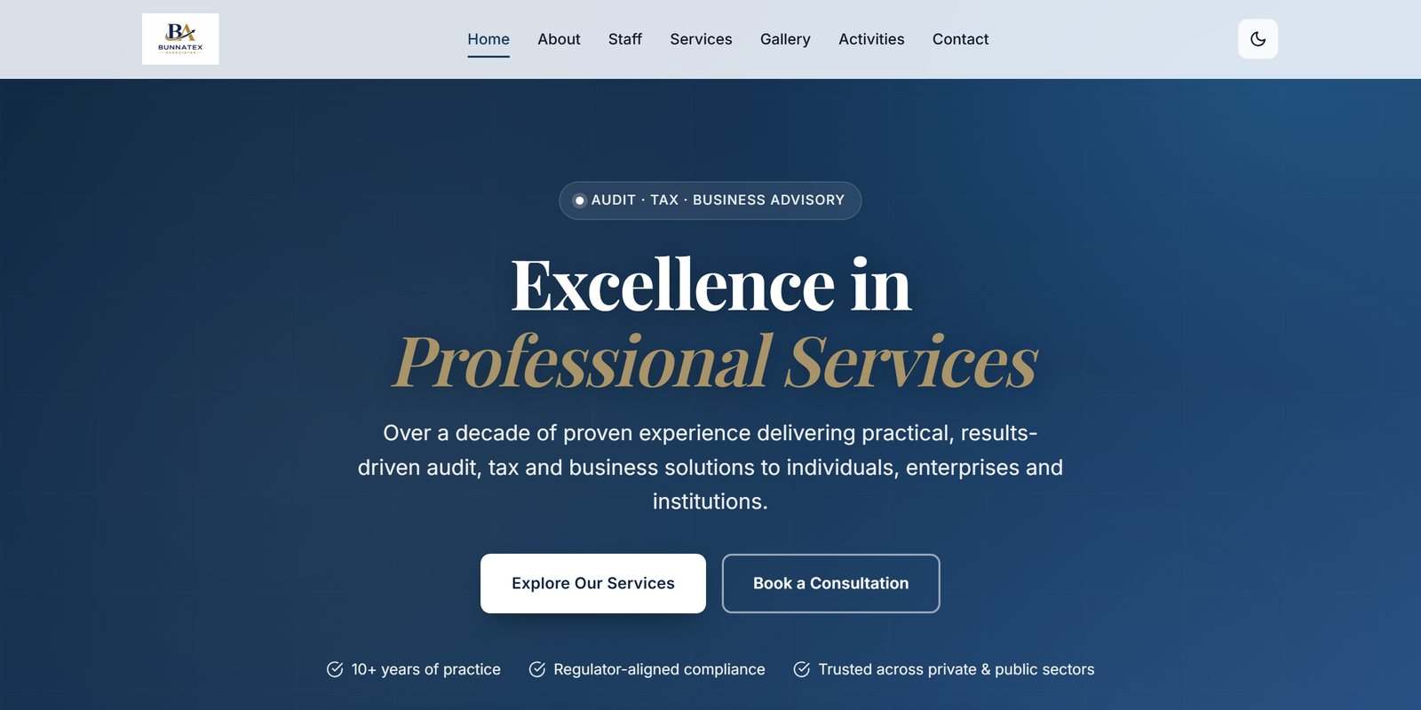 Bunnatex Associates audit and tax firm website, built by DesMind