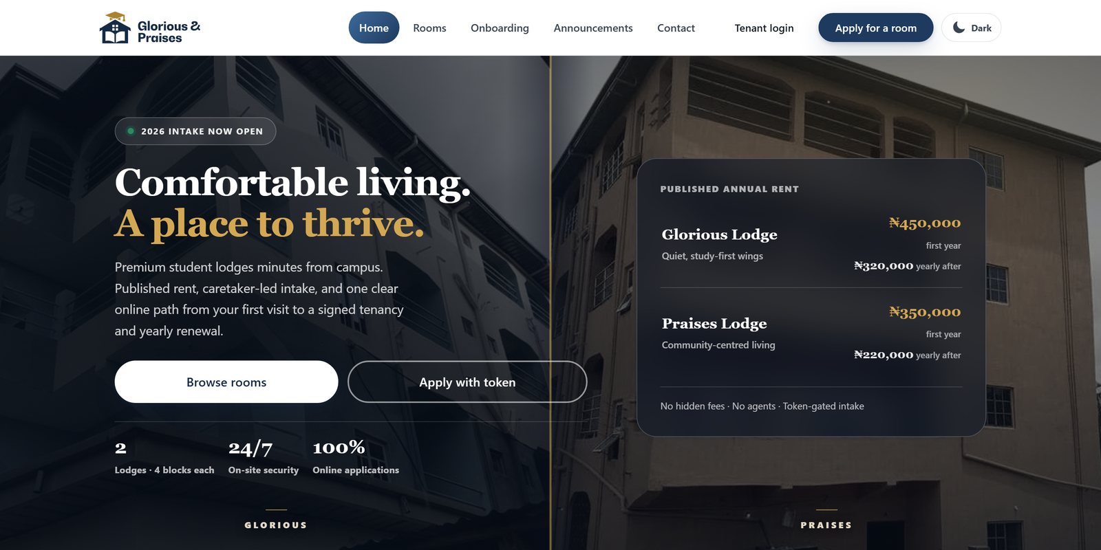 Glorious & Praises student hostel website homepage